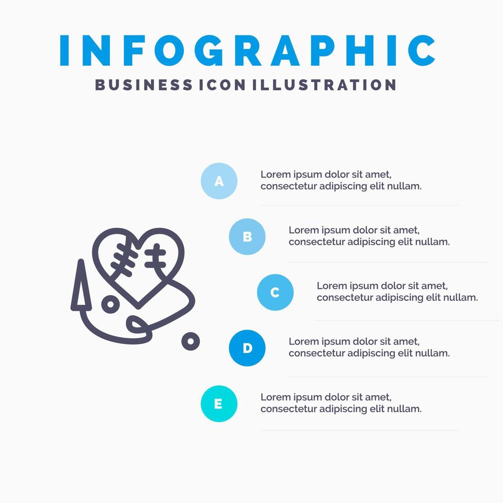 ícone de linha de coração de coração partido de costura com fundo de infográficos de apresentação de 5 etapas vetor