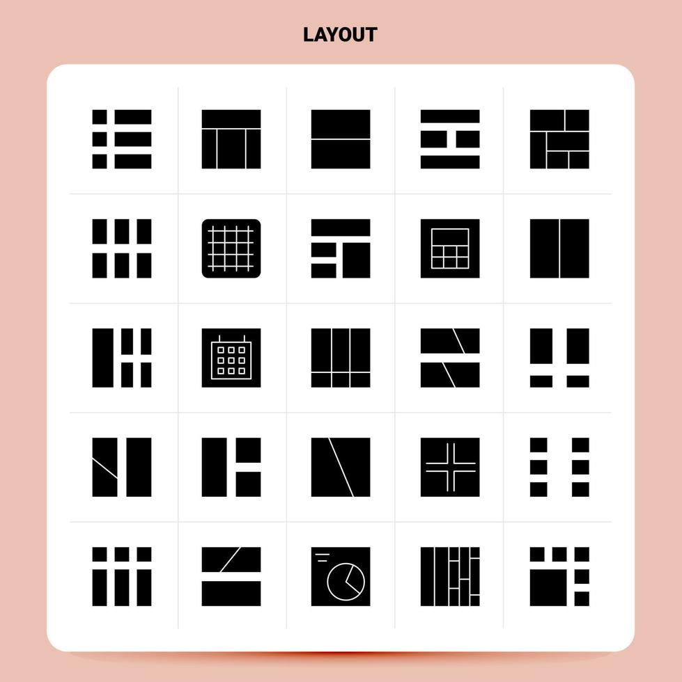 conjunto de ícones de layout sólido 25 design de estilo de glifo vetorial conjunto de ícones pretos web e design de ideias de negócios móveis ilustração em vetor