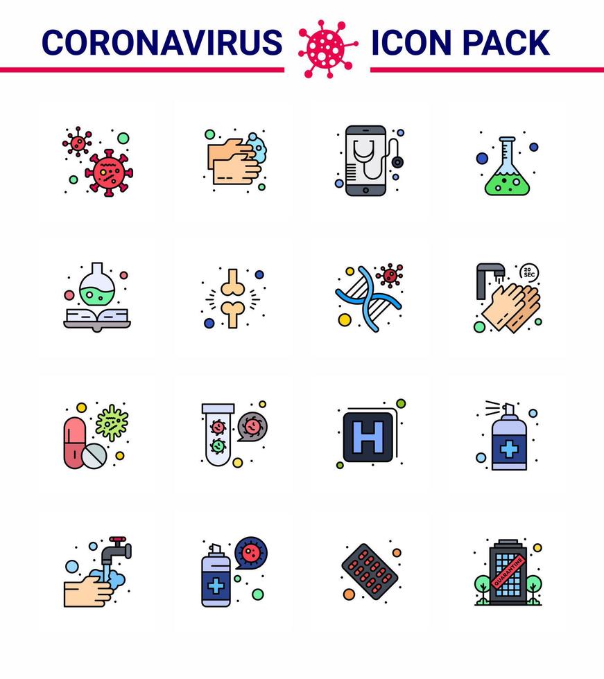 conjunto de ícones de prevenção de coronavírus 25 laboratório de teste azul frasco de água móvel coronavírus viral doença 2019nov vetor elementos de design