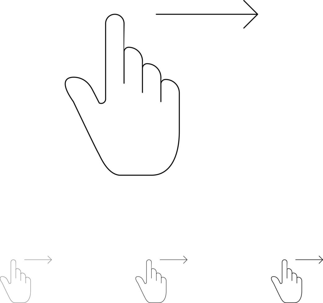 gestos com os dedos deslize para a direita deslize o conjunto de ícones de linha preta fina e em negrito vetor