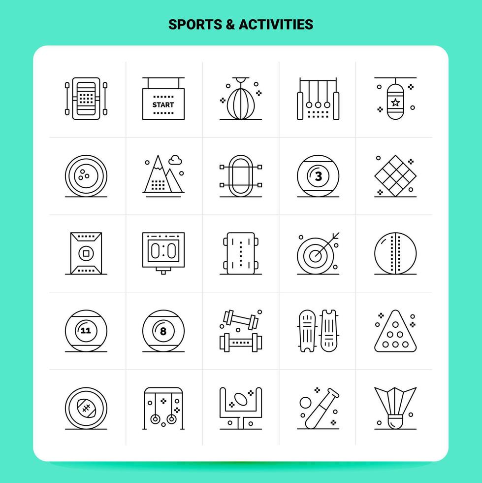 delinear 25 conjunto de ícones de atividades esportivas vetor design de estilo de linha ícones pretos conjunto de pictograma linear pacote de ideias de negócios móveis e web design ilustração vetorial