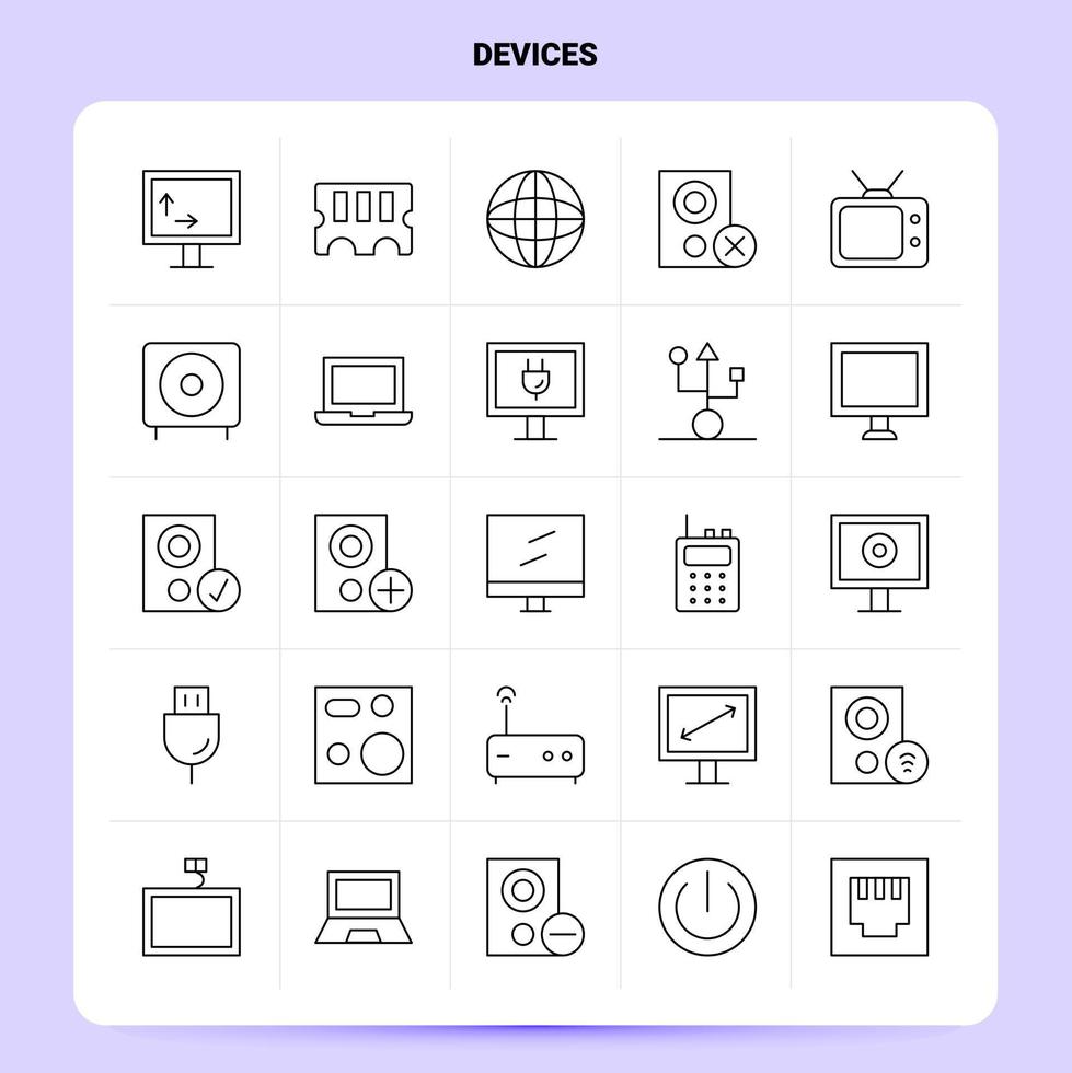 esboço conjunto de ícones de 25 dispositivos vetor design de estilo de linha ícones pretos conjunto de pictograma linear pacote de ideias de negócios móveis e web design ilustração vetorial