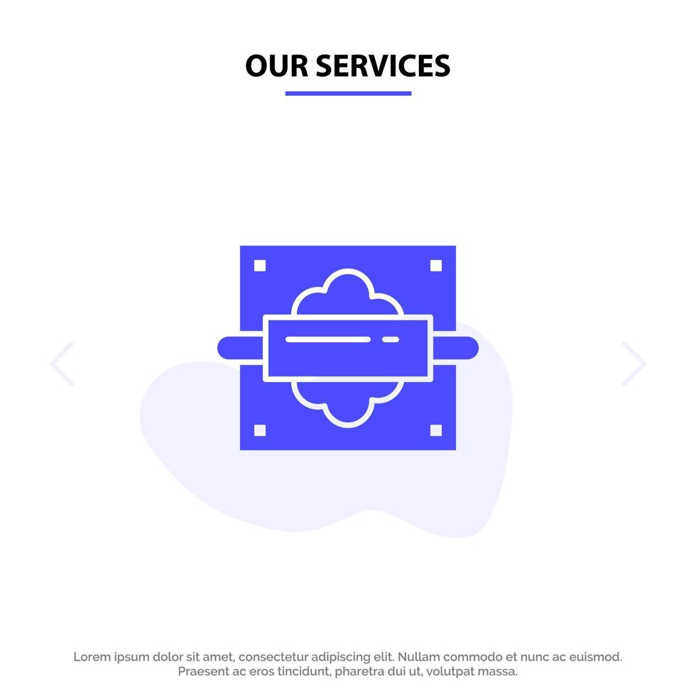 nossos serviços modelo de cartão da web de ícone de glifo sólido de cozinha de pão de rolo vetor