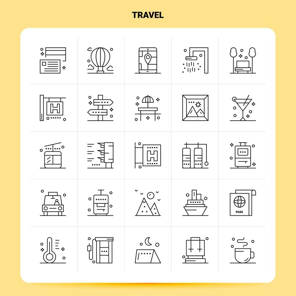 delinear 25 conjunto de ícones de viagem vetor design de estilo de linha ícones pretos conjunto de pictograma linear pacote de ideias de negócios móveis e web design ilustração vetorial