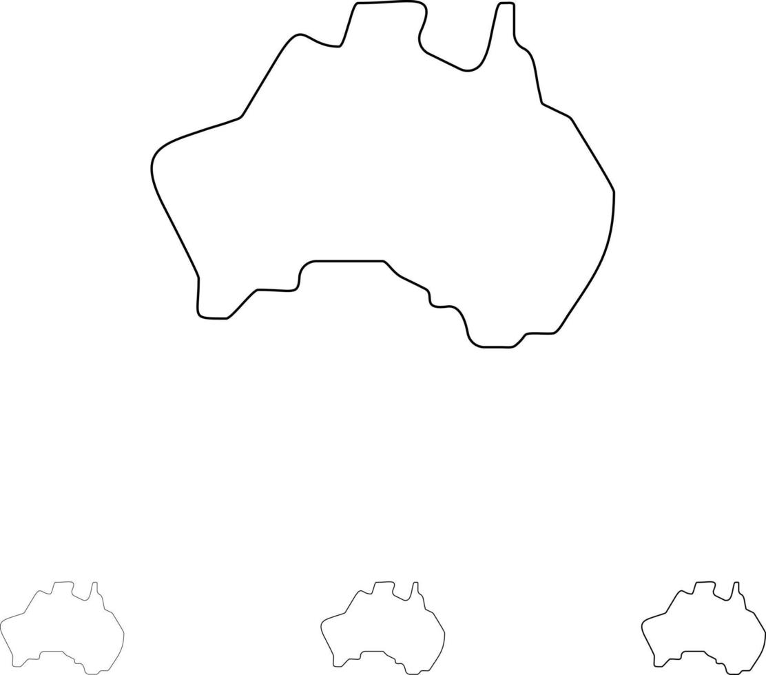 mapa de localização do país australiano viajar conjunto de ícones de linha preta fina e ousada vetor