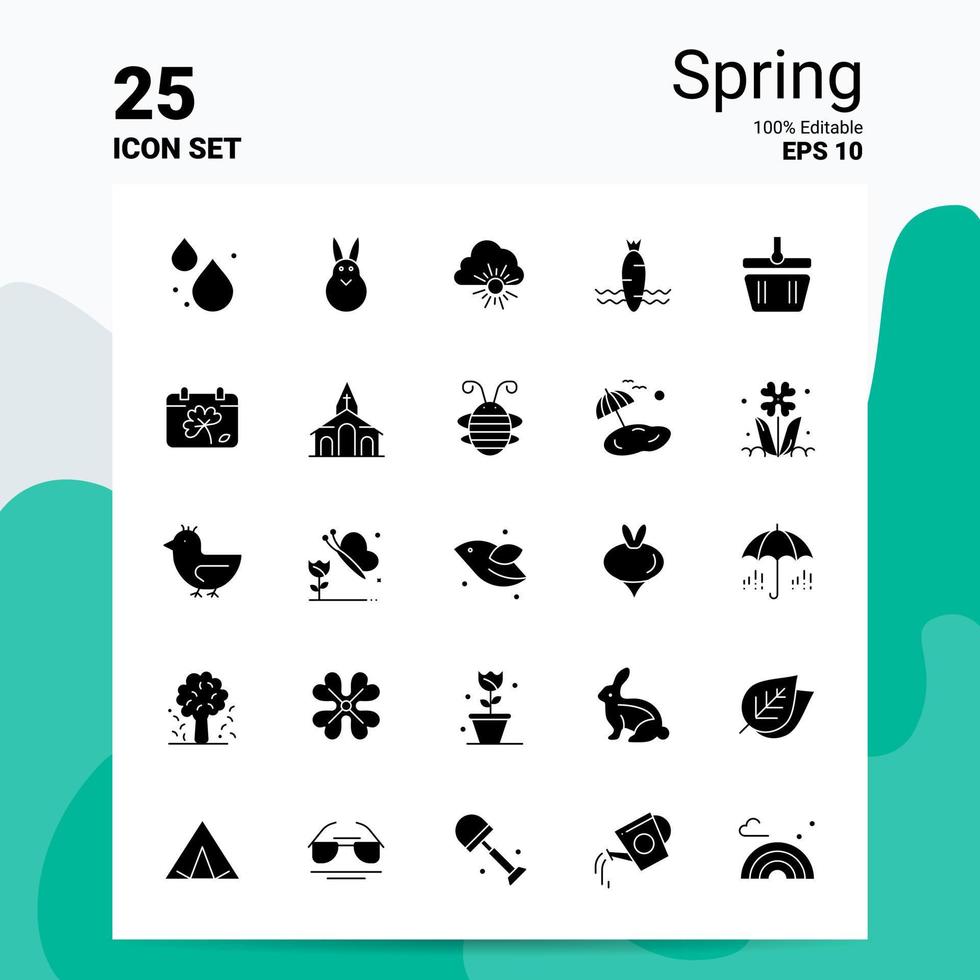 Conjunto de 25 ícones de primavera 100 eps editáveis 10 arquivos idéias de conceito de logotipo de negócios design de ícone de glifo sólido vetor