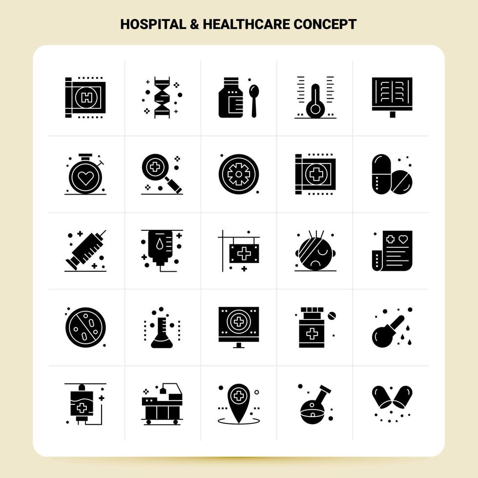 conjunto de ícones de conceito de saúde hospitalar sólido 25 design de estilo de glifo vetorial conjunto de ícones pretos web e design de ideias de negócios móveis ilustração em vetor