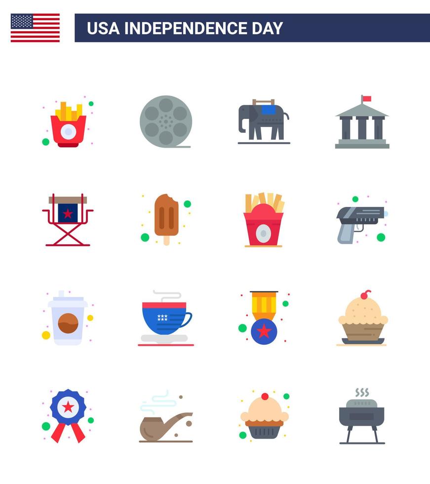 16 placas planas para filmes do dia da independência dos eua cadeira elefante bandeira dos eua editável elementos de design do vetor do dia dos eua