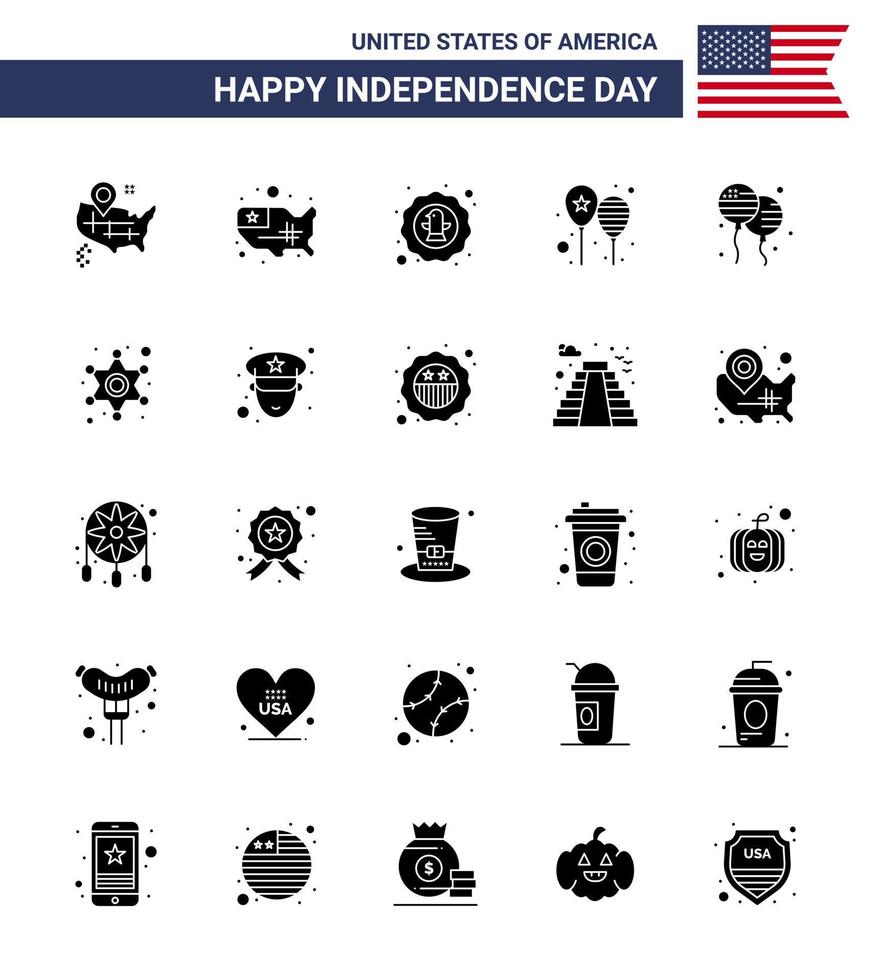 feliz dia da independência 4 de julho conjunto de 25 glifo sólido pictograma americano de balões de dia de pássaro de festa de bloon editáveis elementos de design de vetor de dia dos eua