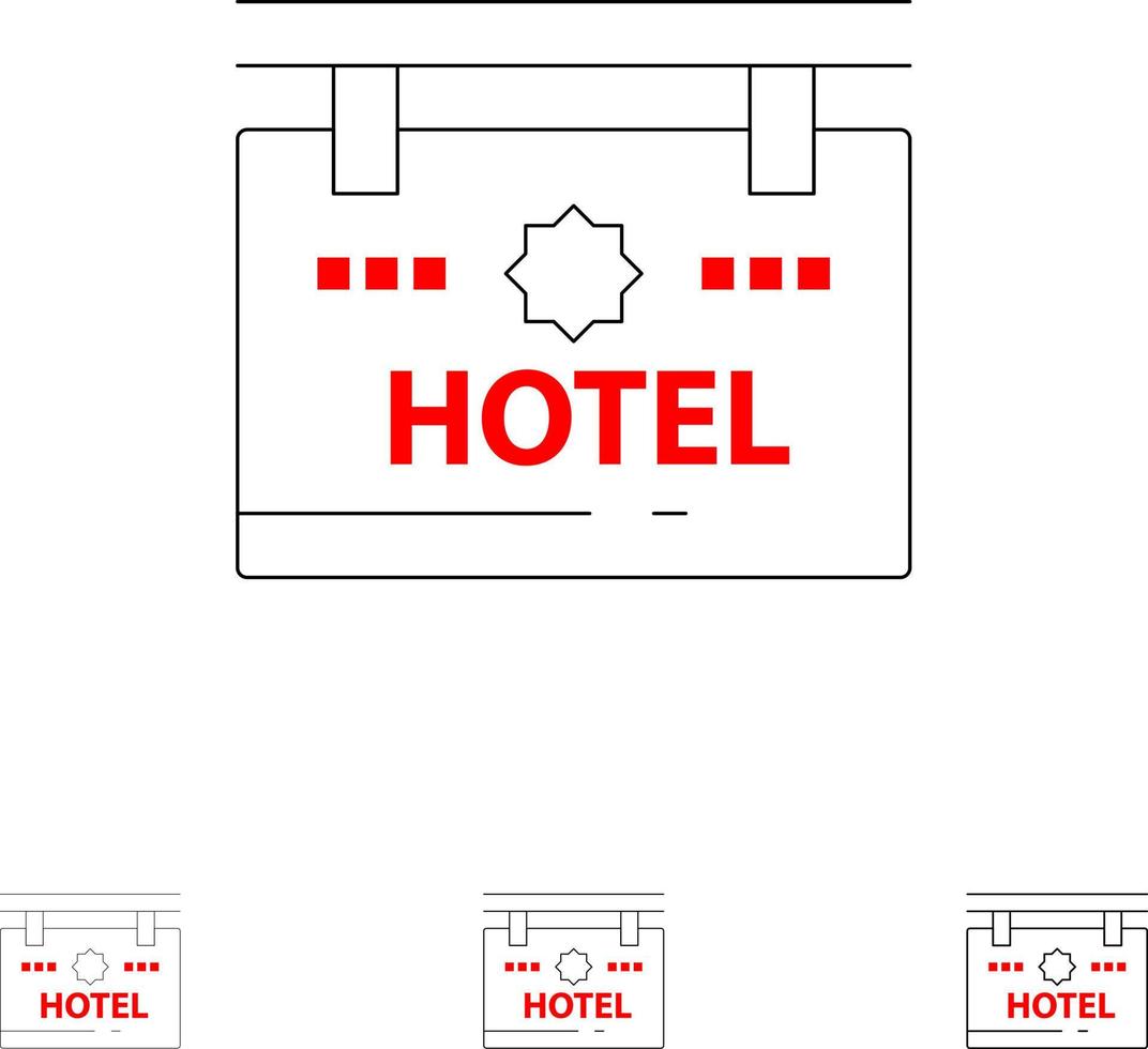 localização da placa de sinal do hotel conjunto de ícones de linha preta em negrito e fino vetor