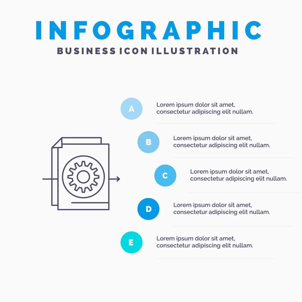 ícone de linha de configurações de engrenagem de arquivo de documento com fundo de infográficos de apresentação de 5 etapas vetor