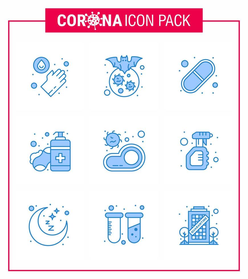 conjunto de ícones de prevenção de coronavírus 25 comida azul cuidados com as mãos cápsula desinfetante sabonete viral coronavírus doença 2019nov vetor elementos de design