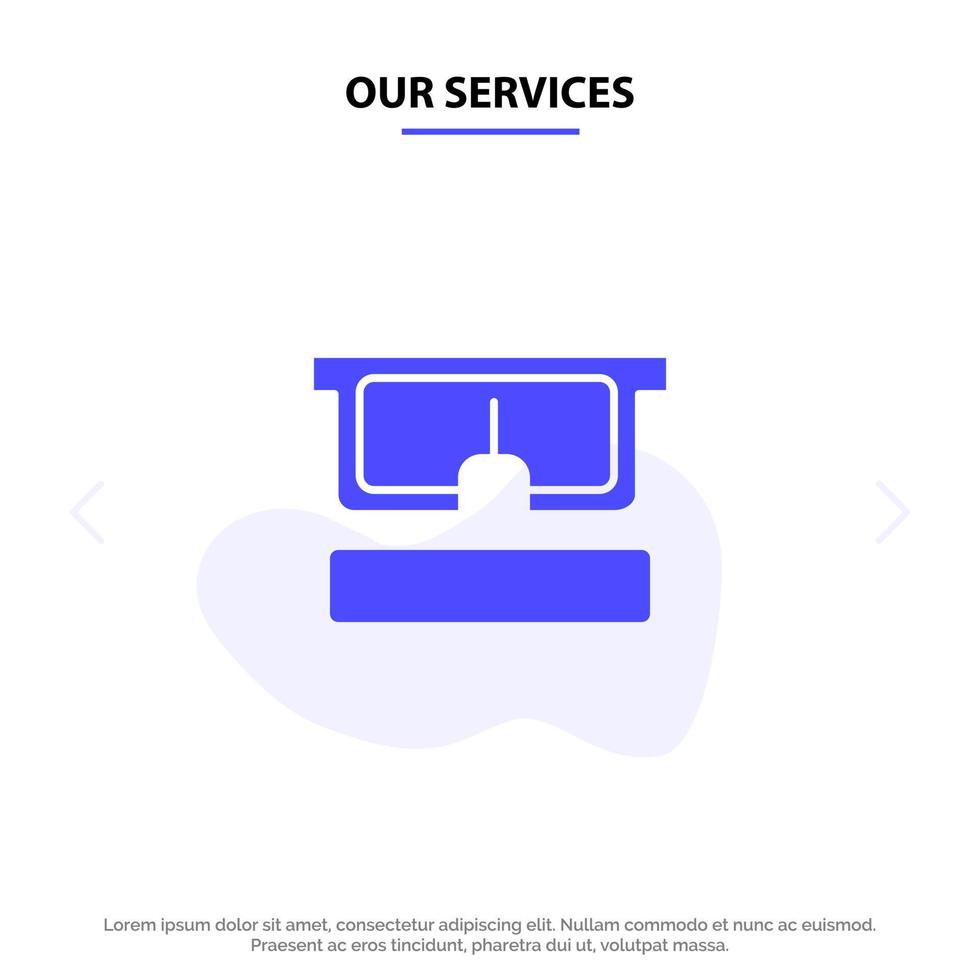 nossos serviços modelo de cartão da web de ícone de glifo sólido de olho médico de óculos virtuais vetor