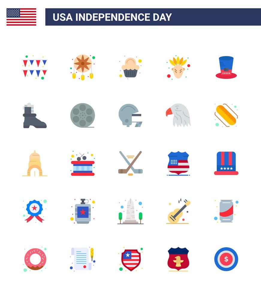 conjunto de 25 ícones do dia dos eua símbolos americanos sinais do dia da independência para o dia da festa do chapéu dos eua nativo americano editável elementos de design do vetor do dia dos eua