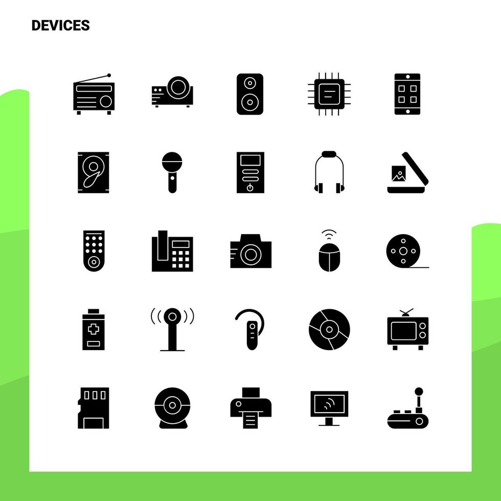 conjunto de ícones de 25 dispositivos modelo de ilustração vetorial de ícone de glifo sólido para web e ideias móveis para empresa de negócios vetor