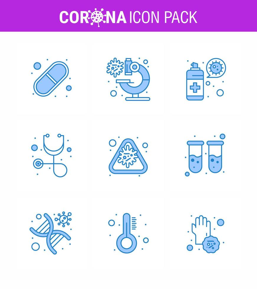 conjunto de ícones covid19 para infográfico 9 pacote azul, como alerta de doença, limpeza, diagnóstico de estetoscópio, coronavírus viral, elementos de design de vetor de doença de 2019nov