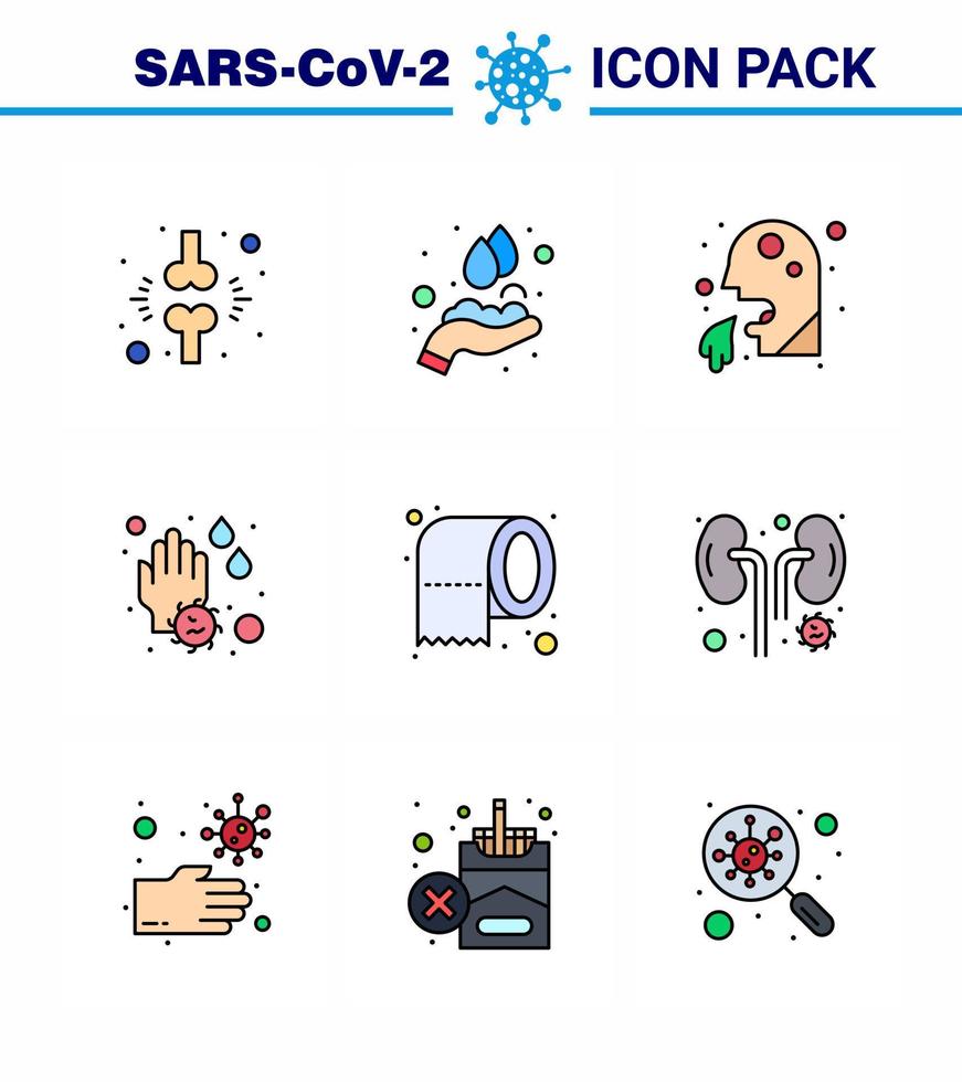 conjunto de ícones de prevenção de coronavírus 9 ícone de cor plana de linha cheia, como gota de água, sabão, mão, homem, vírus viral, elementos de design de vetor de doença de 2019nov