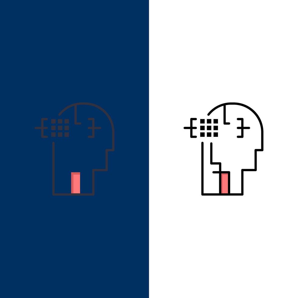 ícones de cabeça de homem humano artificial plano e conjunto de ícones cheios de linha vector fundo azul