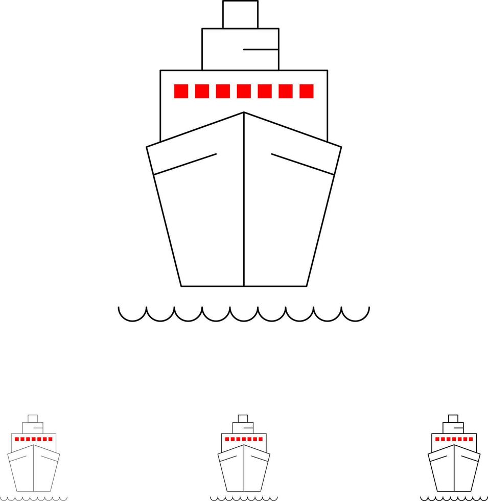 barco navio navio de transporte conjunto de ícones de linha preta fina e ousada vetor