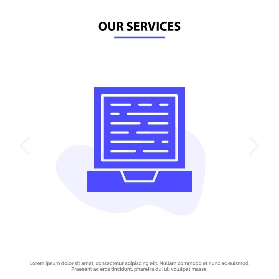 nossos serviços modelo de cartão da web de ícone de glifo sólido de design de computador portátil vetor