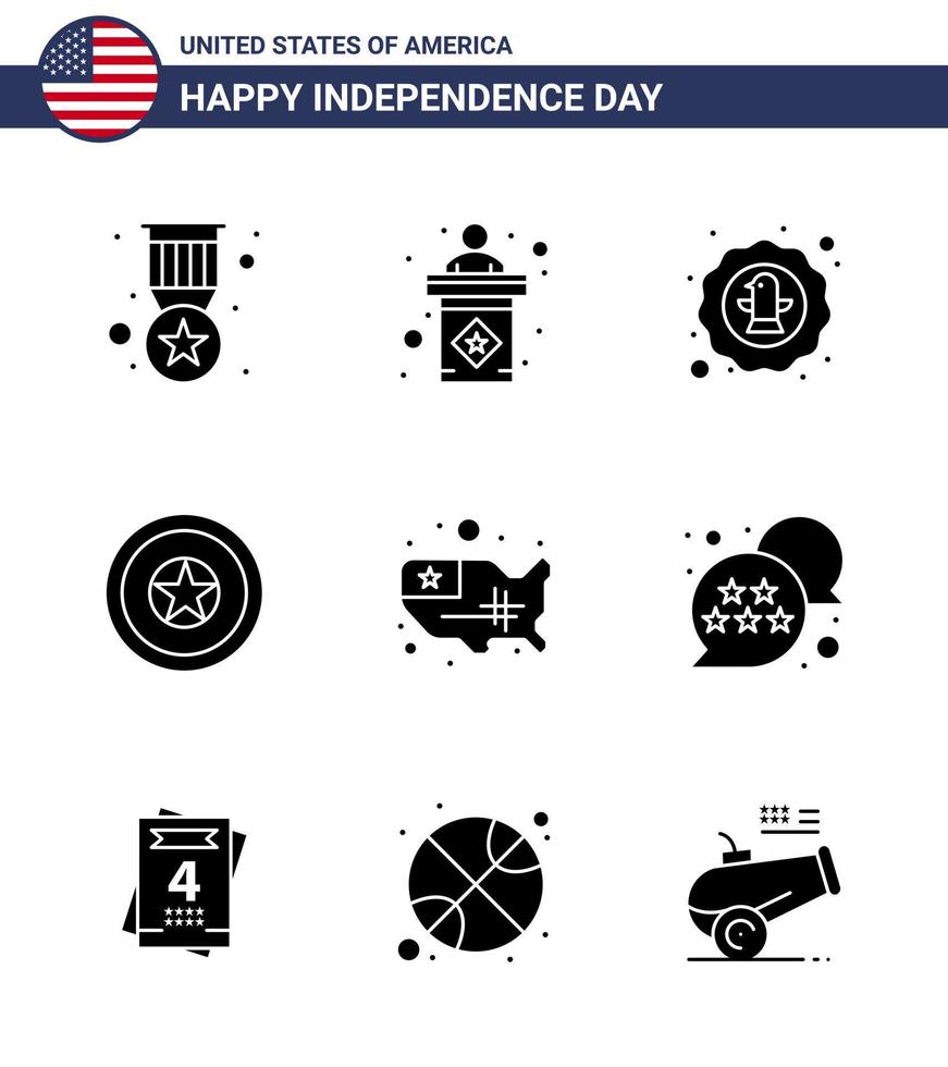 9 sinais de glifo sólido eua símbolos de celebração do dia da independência do mapa dia da independência americana distintivo da independência americana editável elementos de design vetorial do dia dos eua vetor