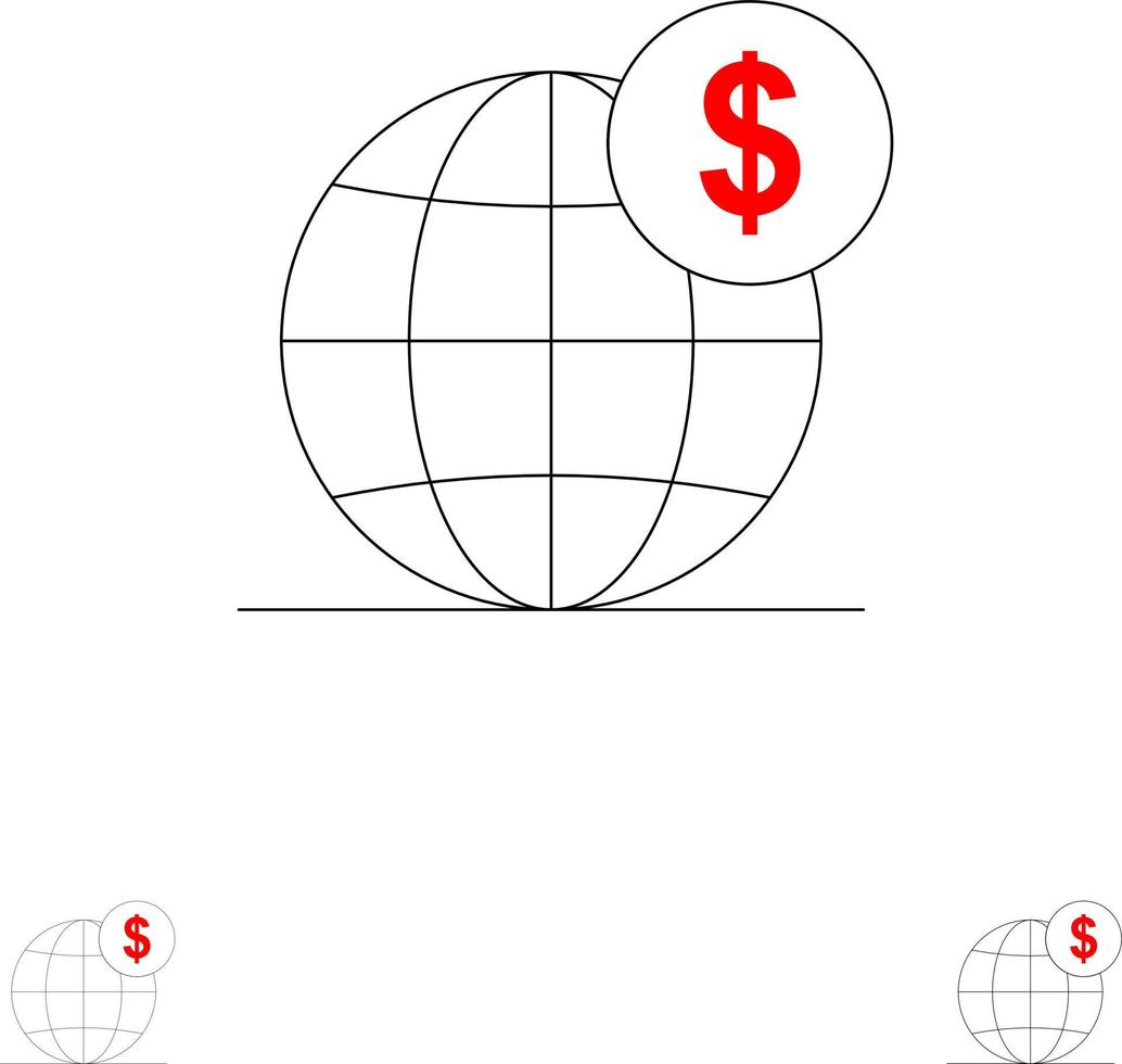 dólar globo de negócios globais internacional conjunto de ícones de linha preta fina e ousada vetor