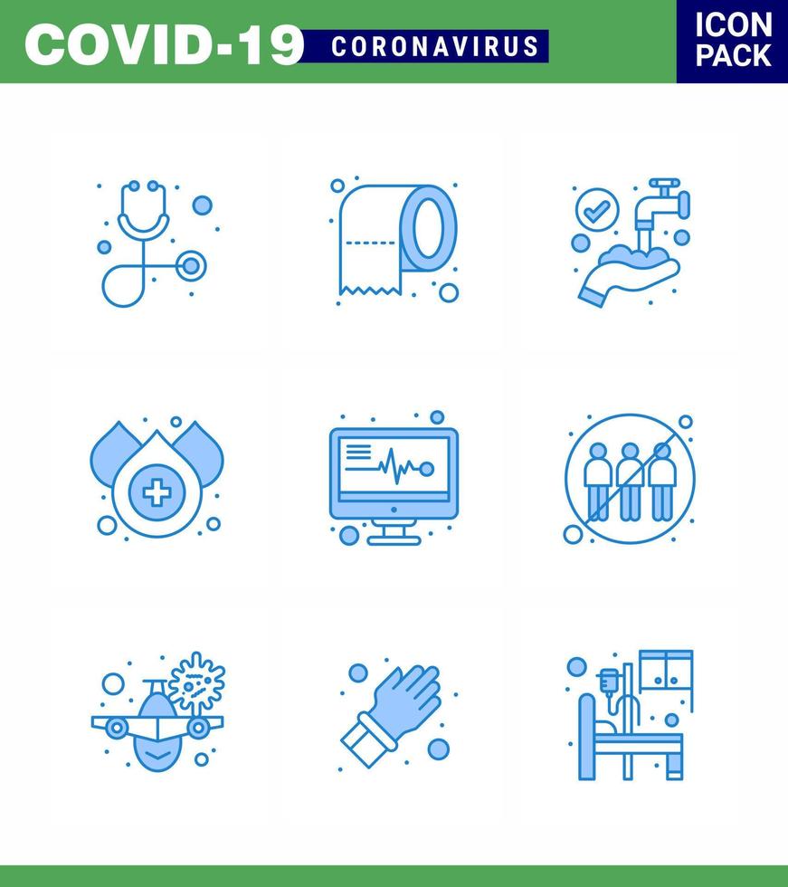 9 pacote de ícones de coronavírus azul covid19, como comunicação, monitor médico, mãos, eletrônicos médicos, queda de elementos de design de vetor de doença de coronavírus viral 2019nov