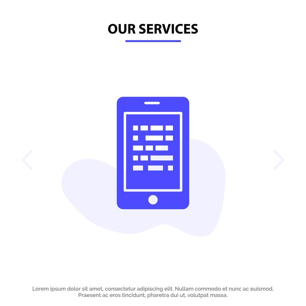 nossos serviços móveis de leitura de dados seguro e aprendizagem modelo de cartão web de ícone de glifo sólido vetor