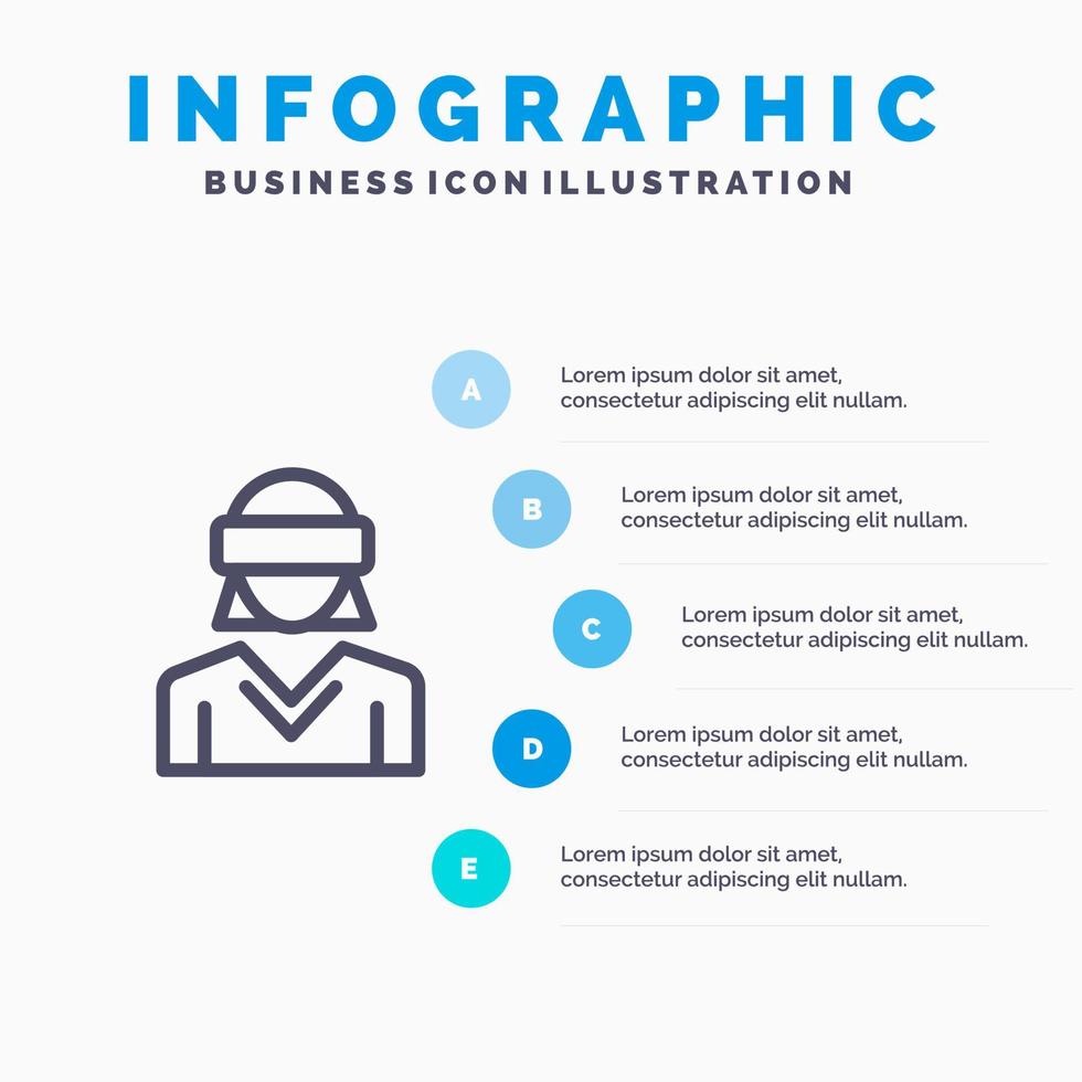 ícone de linha de mulher de tecnologia de realidade de movimento de óculos com fundo de infográficos de apresentação de 5 etapas vetor