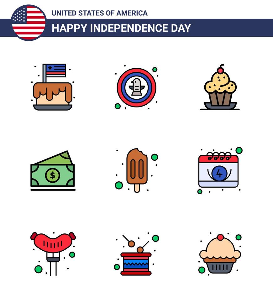 feliz dia da independência 4 de julho conjunto de 9 linhas planas preenchidas pictograma americano de águia do dólar americano muffin de ação de graças editável dia dos eua vetor elementos de design