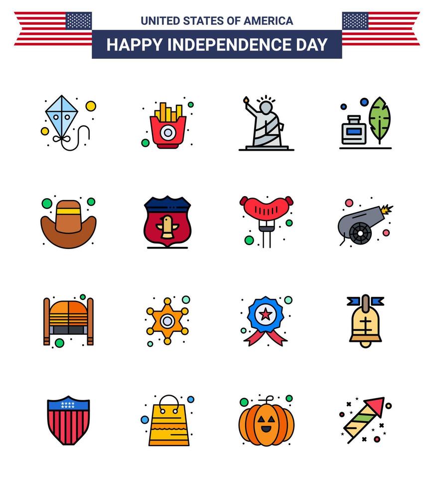 feliz dia da independência 4 de julho conjunto de 16 linhas preenchidas planas pictograma americano de boné garrafa de tinta de liberdade americana adobe editável dia dos eua vetor elementos de design