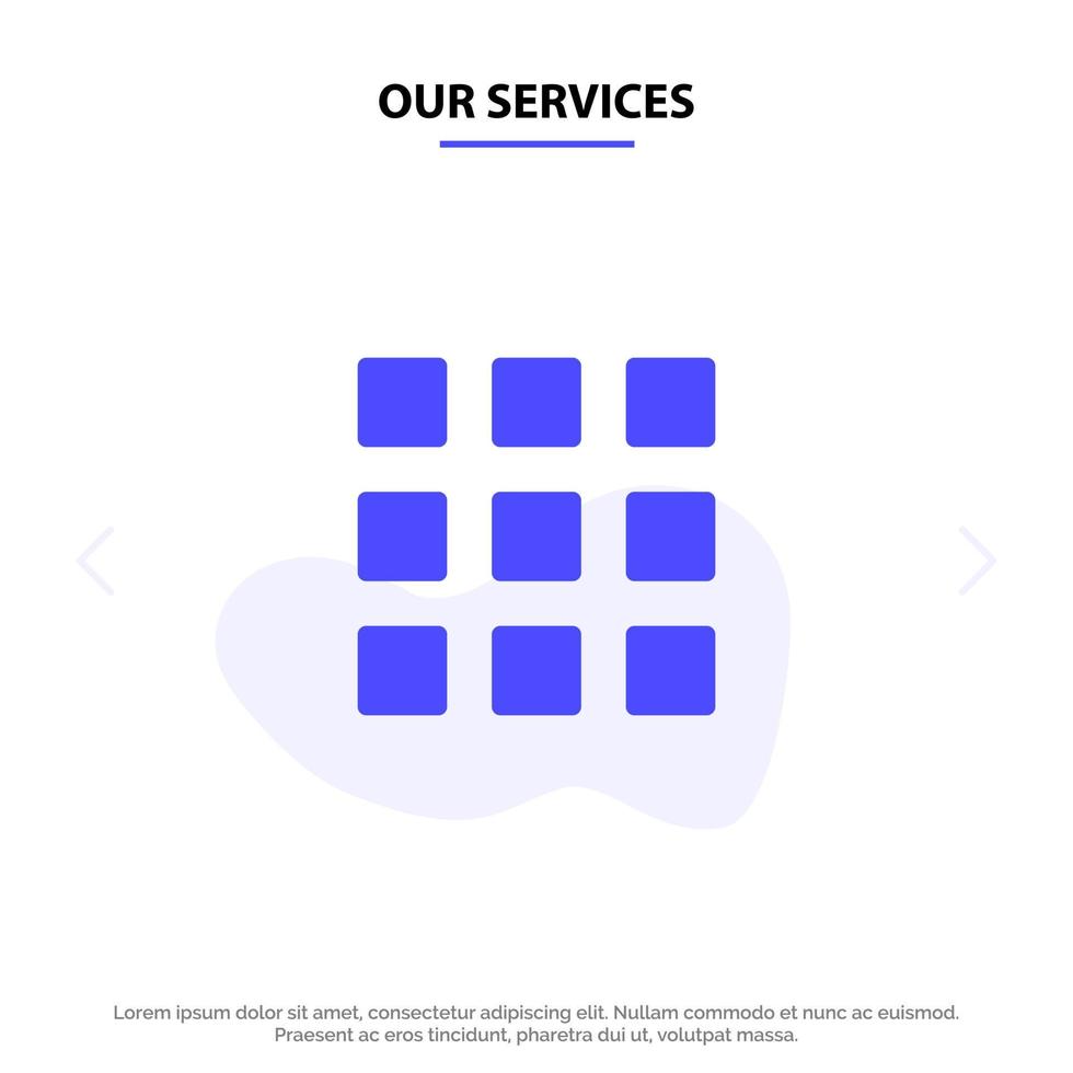 nossos serviços forma de grade da web quadrados ícone de glifo sólido modelo de cartão web vetor