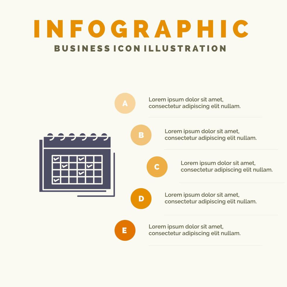 calendário data de negócios planejamento de eventos cronograma calendário ícone sólido infográficos 5 passos fundo de apresentação vetor