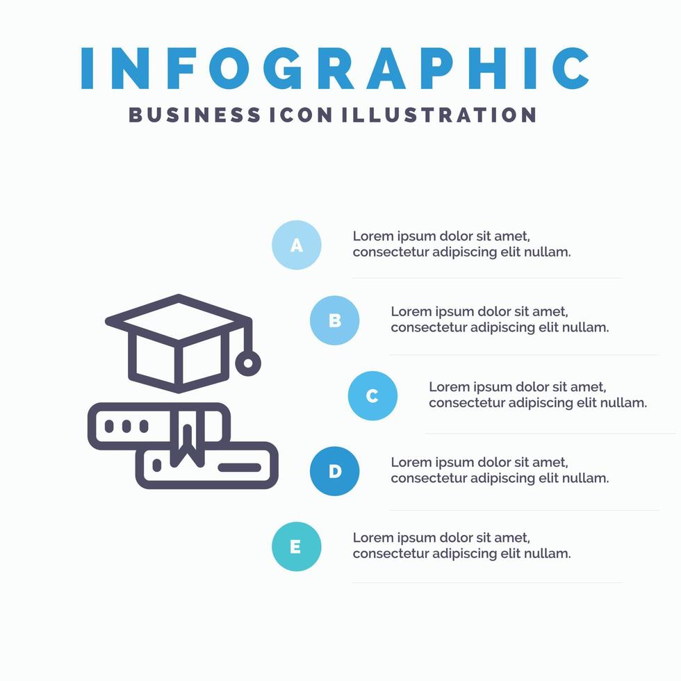 ícone de linha de graduação de educação de limite de livros com fundo de infográficos de apresentação de 5 etapas vetor