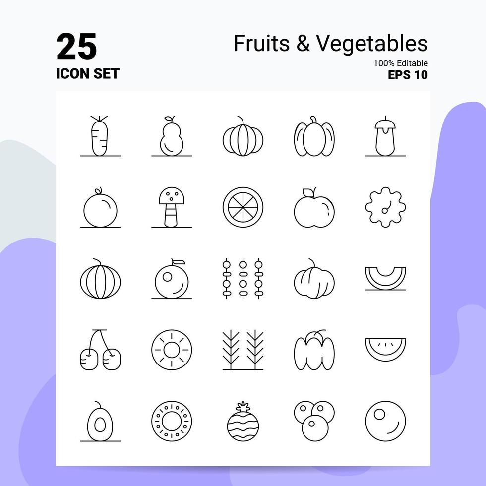 Conjunto de ícones de 25 frutas e legumes 100 eps editáveis 10 arquivos de conceito de logotipo de negócios ideias de design de ícone de linha vetor