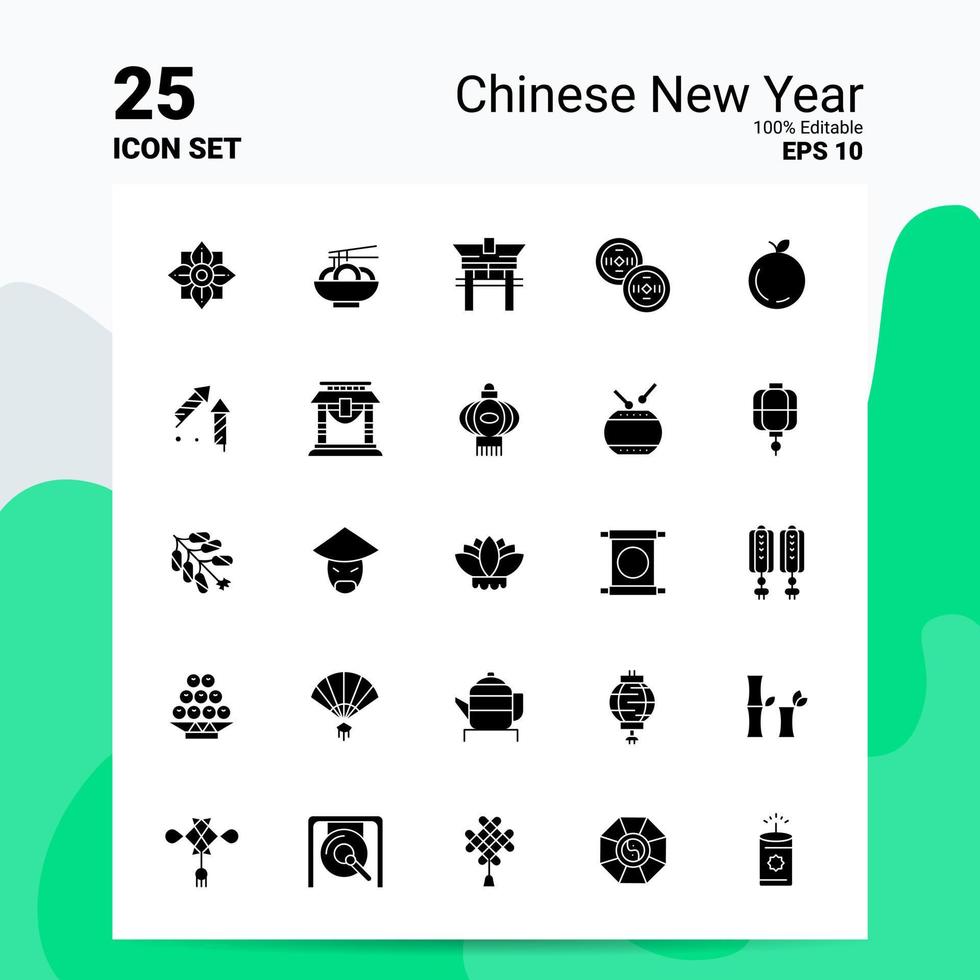 25 conjunto de ícones do ano novo chinês 100 eps editáveis 10 arquivos idéias de conceito de logotipo de negócios design de ícone de glifo sólido vetor