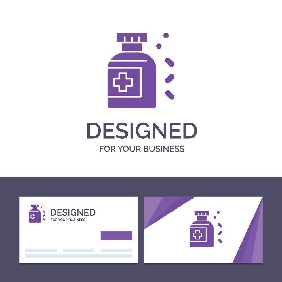 cartão de visita criativo e modelo de logotipo ilustração vetorial de comprimido de remédio de garrafa vetor