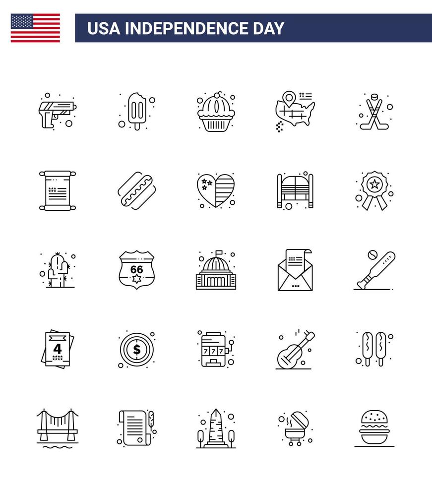 pacote de ícones vetoriais de ações do dia americano 25 sinais e símbolos de linha para esporte hokey muffin mapa americano editável eua dia vetor elementos de design
