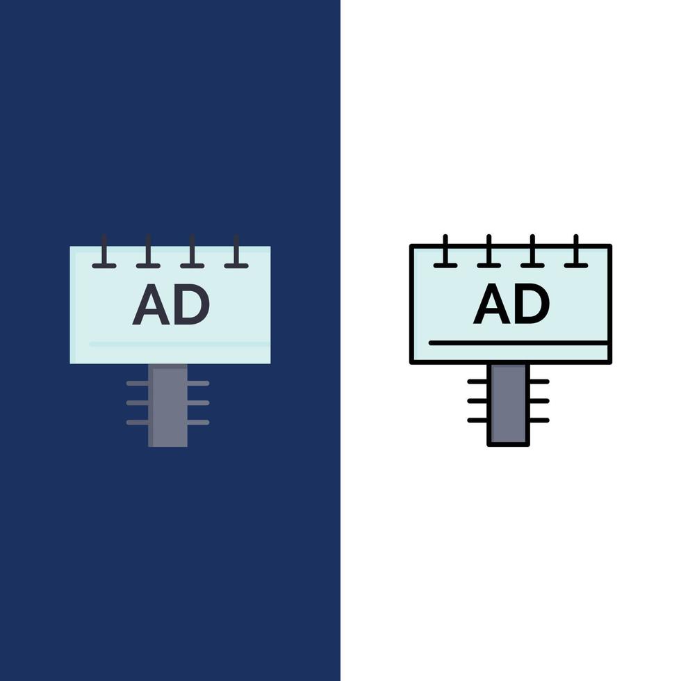 ícones de tabuleta de publicidade de placa de anúncio plano e conjunto de ícones cheios de linha vector fundo azul