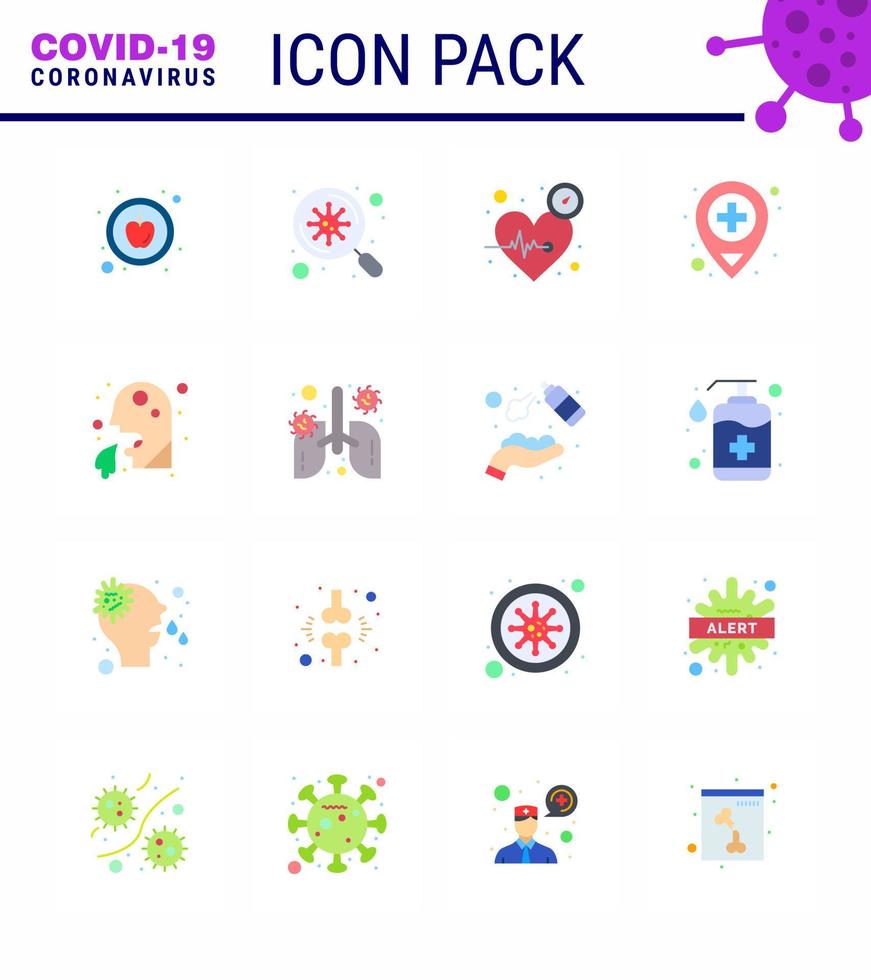 conjunto de ícones de prevenção de coronavírus 16 ícones de cores planas, como saúde, vômito, coração, hospital médico, vírus, doença, vírus, 2019, elementos de design vetorial vetor