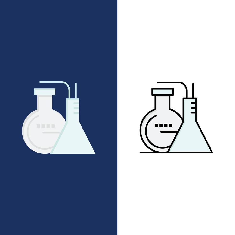 ícones de energia de laboratório de reação química plano e conjunto de ícones cheios de linha vector fundo azul