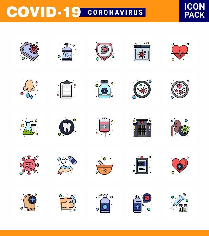 conjunto de ícones de prevenção de coronavírus 25 ícone de linha cheia de cores planas, como vírus de notícias de desinfetante de site de coração, coronavírus viral 2019nov elementos de design de vetor de doença