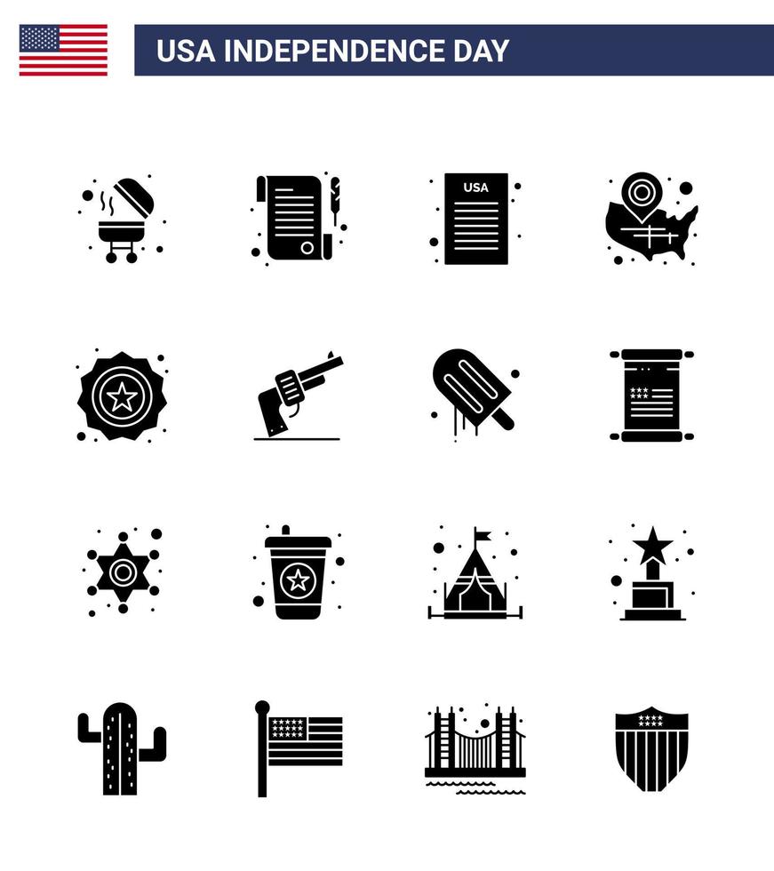 16 pacote de glifos sólidos eua de sinais do dia da independência e símbolos de bandeira de segurança democrática americana wisconsin editável elementos de design vetorial do dia dos eua vetor