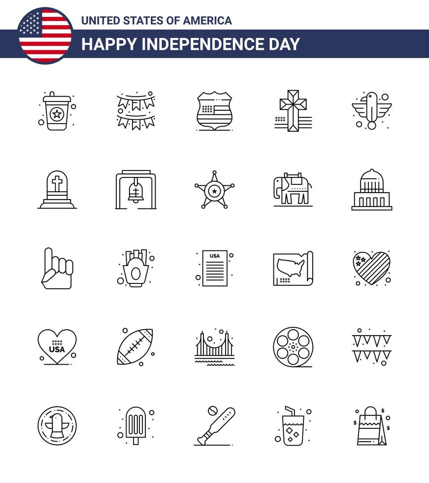 pacote de 25 sinais de linhas de celebração do dia da independência dos eua e símbolos de 4 de julho, como pássaro escudo americano igreja americana editável dia dos eua vetor elementos de design