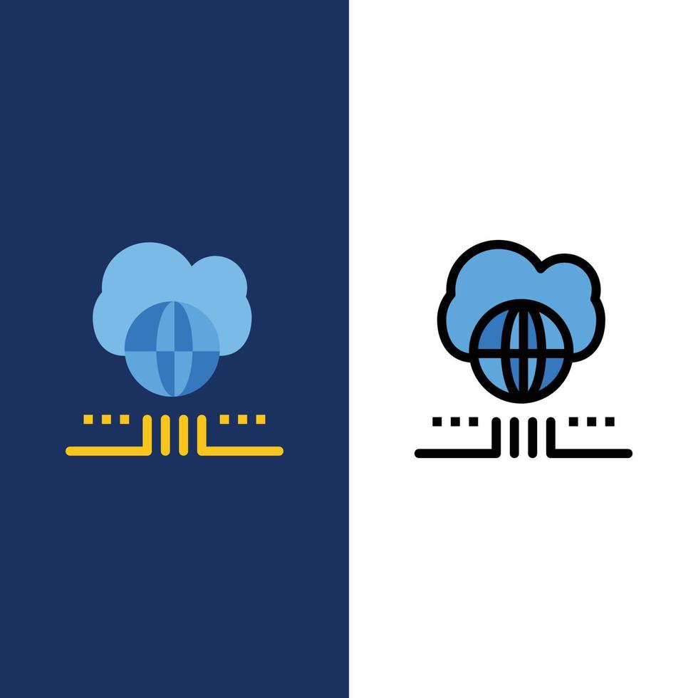 ícones de nuvem de rede de marketing mundial plano e conjunto de ícones cheios de linha vector fundo azul