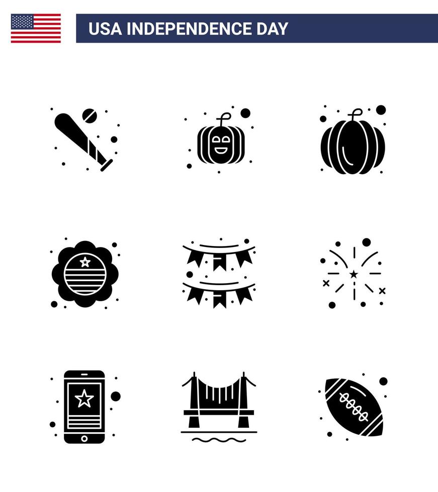 feliz dia da independência 4 de julho conjunto de 9 glifos sólidos pictograma americano de decoração de país de festa de fogos de artifício americano editável dia dos eua elementos de design vetorial vetor