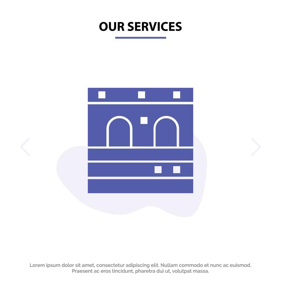 nosso modelo de cartão da web de ícone de glifo sólido de trem de garagem de porta de serviços vetor