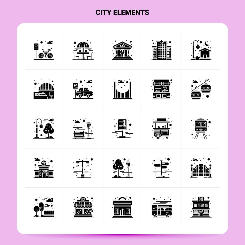 conjunto de ícones sólidos de 25 elementos da cidade design de estilo glifo vetorial conjunto de ícones pretos web e design de ideias de negócios móveis ilustração vetorial vetor