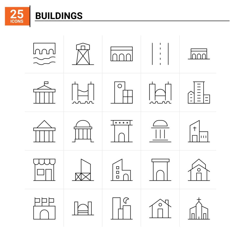 conjunto de ícones de 25 edifícios de fundo vetorial vetor