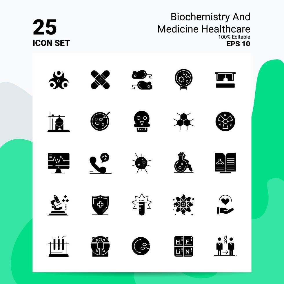 25 bioquímica e conjunto de ícones de saúde de medicina 100 eps editáveis 10 arquivos idéias de conceito de logotipo de negócios design de ícone de glifo sólido vetor